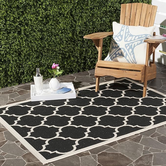 SAFAVIEH Washable Rug Outdoor Courtyard Collection - 2'7" x 5', Black & Beige, Non-Shedding & Easy Cleaning, Ideal for Patio, Backyard, Mudroom (CY6914-266)