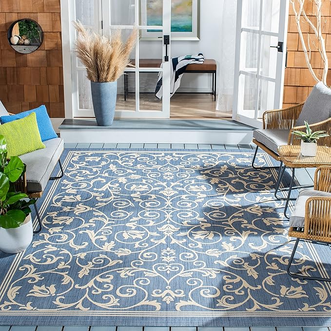 SAFAVIEH Washable Rug Outdoor Courtyard Collection - 6'7" Square, Blue & Natural, Non-Shedding & Easy Cleaning, Ideal for Patio, Backyard, Mudroom (CY2098-3103)