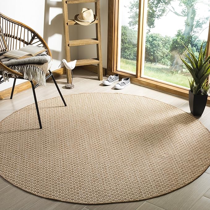 SAFAVIEH Washable Rug Outdoor Courtyard Collection - 5'3" Round, Natural & Cream, Non-Shedding & Easy Cleaning, Ideal for Patio, Backyard, Mudroom (CY8653-03021)