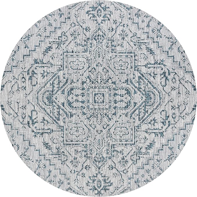 JONATHAN Y Boho Medallion Indoor Outdoor Round Area Rug 4 Ft Teal/Gray, Estrella Textured Weave for Backyard, Patio, Porch, Easy-Cleaning, High Traffic, Pet-Friendly, Non-Shedding (SMB105C-4R)