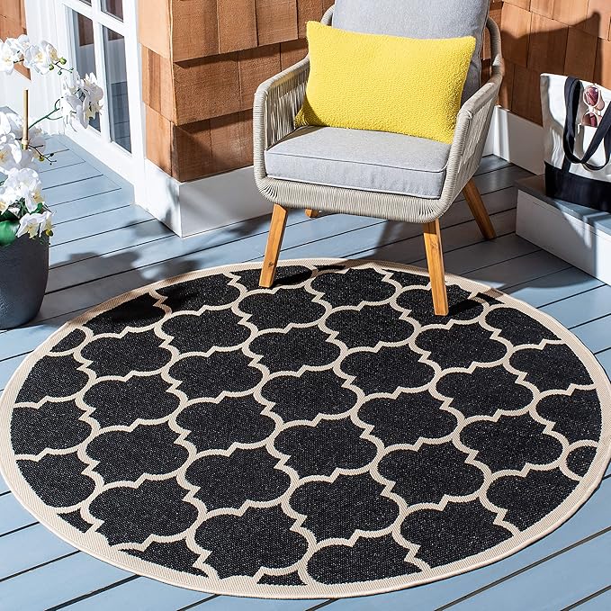 SAFAVIEH Courtyard Collection 6'7'' Round Black/Beige CY6914 Trellis Indoor/ Outdoor Patio Backyard Mudroom Area Rug
