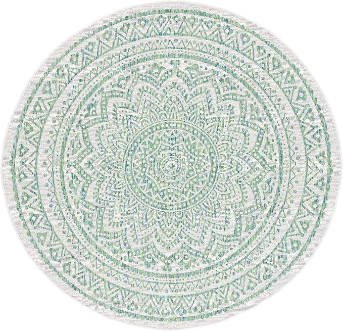 SAFAVIEH Washable Rug Outdoor Courtyard Collection - 7'10" Round, Ivory & Green, Non-Shedding & Easy Cleaning, Ideal for Patio, Backyard, Mudroom (CY8734-55712)