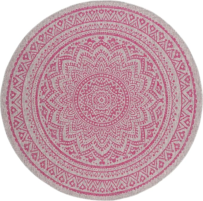 SAFAVIEH Washable Rug Outdoor Courtyard Collection - 6'7" Round, Light Grey & Fuchsia Pink Purple, Non-Shedding & Easy Cleaning, Ideal for Patio, Backyard, Mudroom (CY8734-39712)