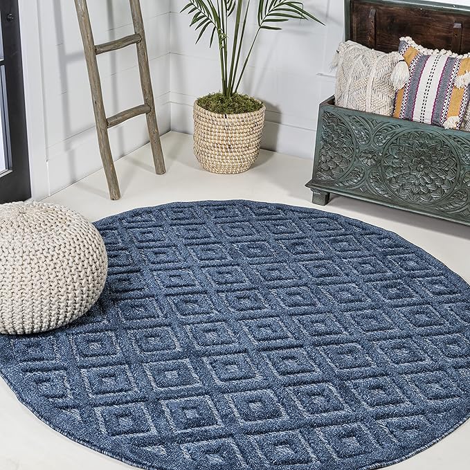 JONATHAN Y Diamond Trellis Indoor Outdoor Round Area Rug 5 Ft Navy, Portmany Neutral for Backyard, Patio, Porch, Easy-Cleaning, High Traffic, Pet-Friendly, Non-Shedding (IBZ104B-5R)