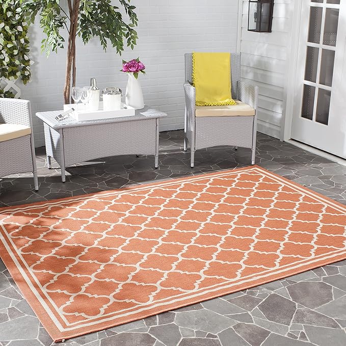 SAFAVIEH Washable Rug Outdoor Courtyard Collection - 4' x 5'7", Terracotta & Bone, Non-Shedding & Easy Cleaning, Ideal for Patio, Backyard, Mudroom (CY6918-241)