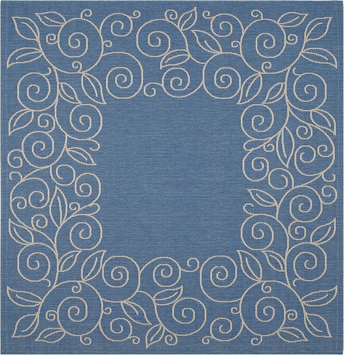SAFAVIEH Washable Rug Outdoor Courtyard Collection - 7'10" Square, Blue & Beige, Non-Shedding & Easy Cleaning, Ideal for Patio, Backyard, Mudroom (CY5139C)