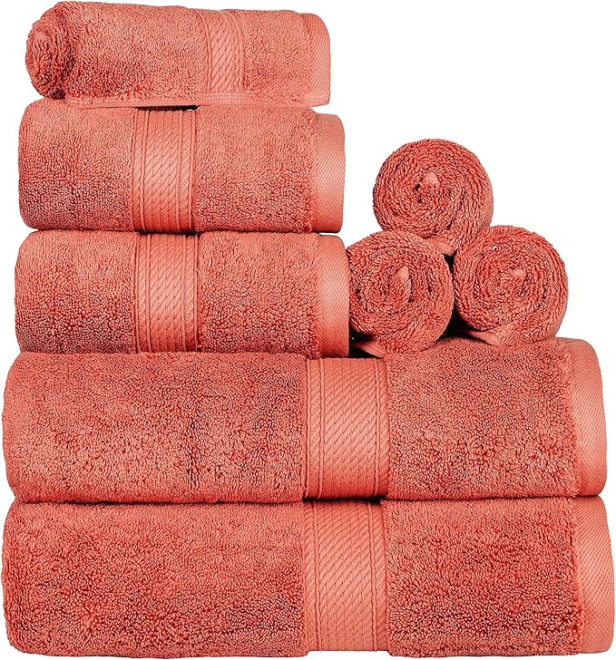 BLUENILEMILLS Madison Egyptian Cotton Towels, Towel Set for Bathroom, Shower, Hotel, Plush, 900 GSM, Highly Absorbent and Ultra-Soft Towels, Bath Essentials, 8 Piece Assorted Towel Set, Coral