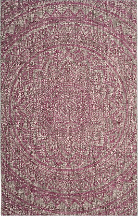 SAFAVIEH Washable Rug Outdoor Courtyard Collection - 6'7" x 9'6", Light Grey & Fuchsia Pink Purple, Non-Shedding & Easy Cleaning, Ideal for Patio, Backyard, Mudroom (CY8734-39712)