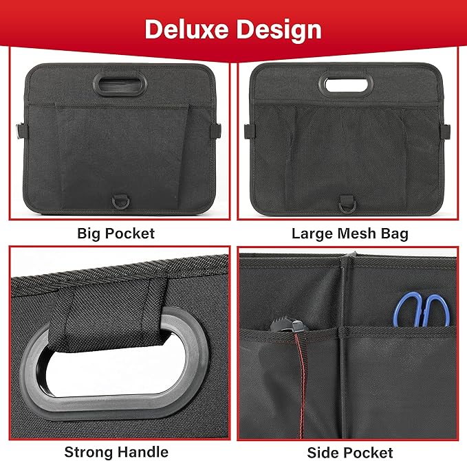 Simple Deluxe Car Trunk Organizer, Multi Compartments Collapsible Trunk Storage, Anti-slip, Waterproof 600D Oxford Polyester, with Adjustable Straps for SUV, Minivan, Truck, Large Size, Black