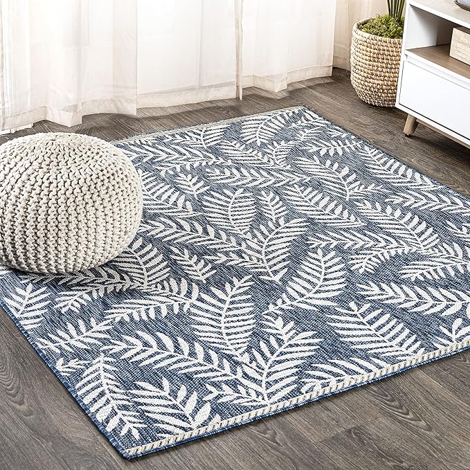 JONATHAN Y Palm Frond Indoor Outdoor Square Area Rug 4X4 Navy/Ivory, Nevis for Backyard, Patio, Porch, Easy-Cleaning, High Traffic, Pet-Friendly, Non-Shedding (SMB119B-4SQ)