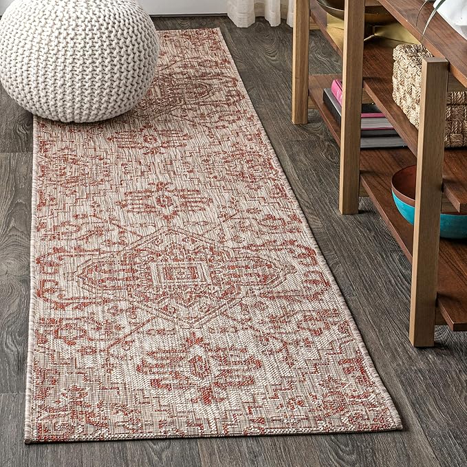 JONATHAN Y Boho Medallion Indoor Outdoor Runner Rug 2X8 Red/Taupe, Estrella Textured Weave for Backyard, Patio, Porch, Easy-Cleaning, High Traffic, Pet-Friendly, Non-Shedding (SMB105A-28)