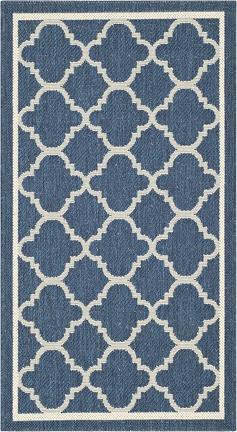 SAFAVIEH Washable Rug Outdoor Courtyard Collection - 2'7" x 5', Navy & Beige, Non-Shedding & Easy Cleaning, Ideal for Patio, Backyard, Mudroom (CY6918-268)