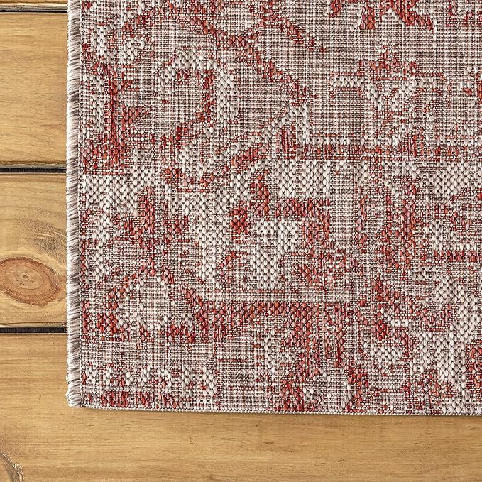 JONATHAN Y Boho Medallion Indoor Outdoor Round Area Rug 6 Ft Red/Taupe, Estrella Textured Weave for Backyard, Patio, Porch, Easy-Cleaning, High Traffic, Pet-Friendly, Non-Shedding (SMB105A-6R)