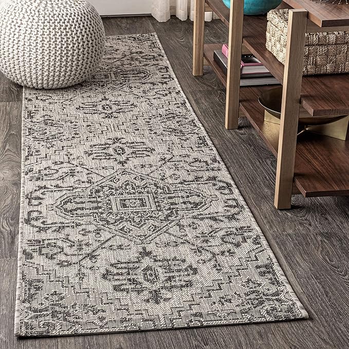 JONATHAN Y Boho Medallion Indoor Outdoor Runner Rug 2X8 Black/Gray, Estrella Textured Weave for Backyard, Patio, Porch, Easy-Cleaning, High Traffic, Pet-Friendly, Non-Shedding (SMB105D-28)