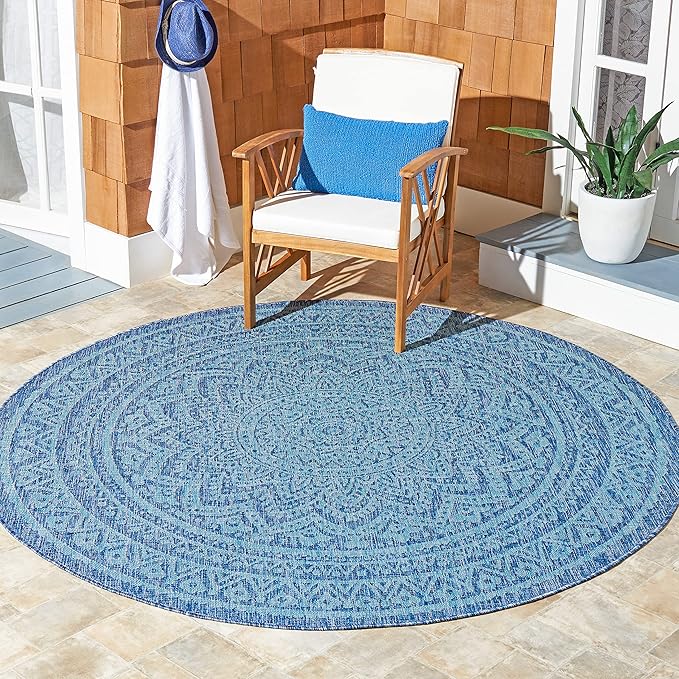 SAFAVIEH Washable Rug Outdoor Courtyard Collection - 6'7" Round, Navy & Aqua Blue, Non-Shedding & Easy Cleaning, Ideal for Patio, Backyard, Mudroom (CY8734-39421)