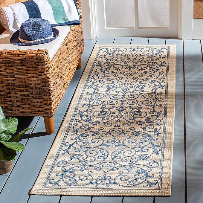 SAFAVIEH Washable Rug Outdoor Courtyard Collection - 2'3" x 8' Runner, Natural & Blue, Non-Shedding & Easy Cleaning, Ideal for Patio, Entryway, Mudroom, Hallway, Kitchen (CY2098-3101)
