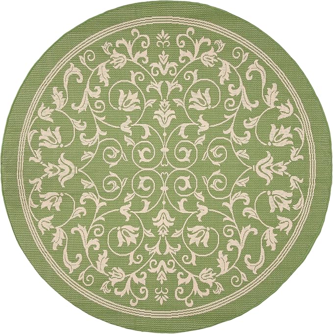 SAFAVIEH Washable Rug Outdoor Courtyard Collection - 6'7" Round, Olive & Natural, Non-Shedding & Easy Cleaning, Ideal for Patio, Backyard, Mudroom (CY2098-1E06)