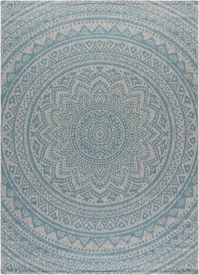 SAFAVIEH Courtyard Collection 8' x 11' Light Grey / Aqua CY8734 Indoor/ Outdoor Waterproof Easy Cleaning Patio Backyard Mudroom Area Rug