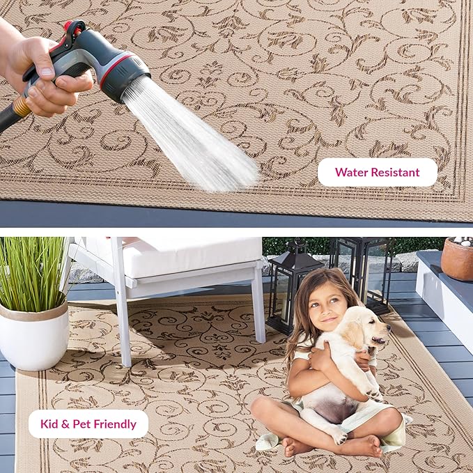 SAFAVIEH Washable Rug Outdoor Courtyard Collection - 5'3" x 7'7", Natural & Brown, Non-Shedding & Easy Cleaning, Ideal for Patio, Backyard, Mudroom (CY2098-3001)