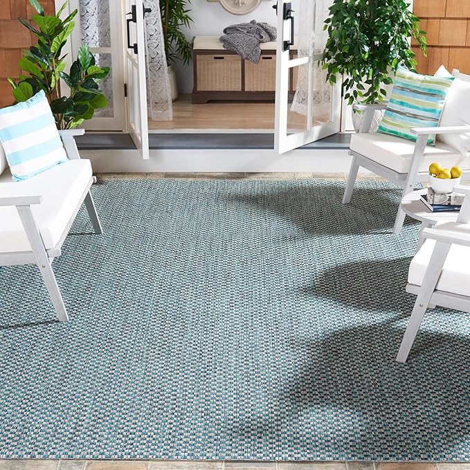 SAFAVIEH Washable Rug Outdoor Courtyard Collection - 8' x 10', Turquoise & Light Grey, Non-Shedding & Easy Cleaning, Ideal for Patio, Backyard, Mudroom, DIning Space (CY8653-37221)