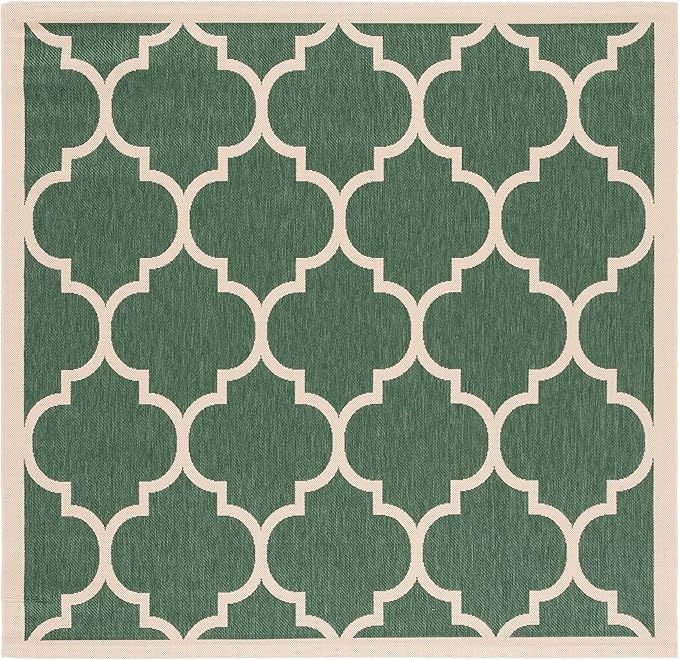 SAFAVIEH Washable Rug Outdoor Courtyard Collection - 6'7" Square, Dark Green & Beige, Non-Shedding & Easy Cleaning, Ideal for Patio, Backyard, Mudroom (CY6914-322)