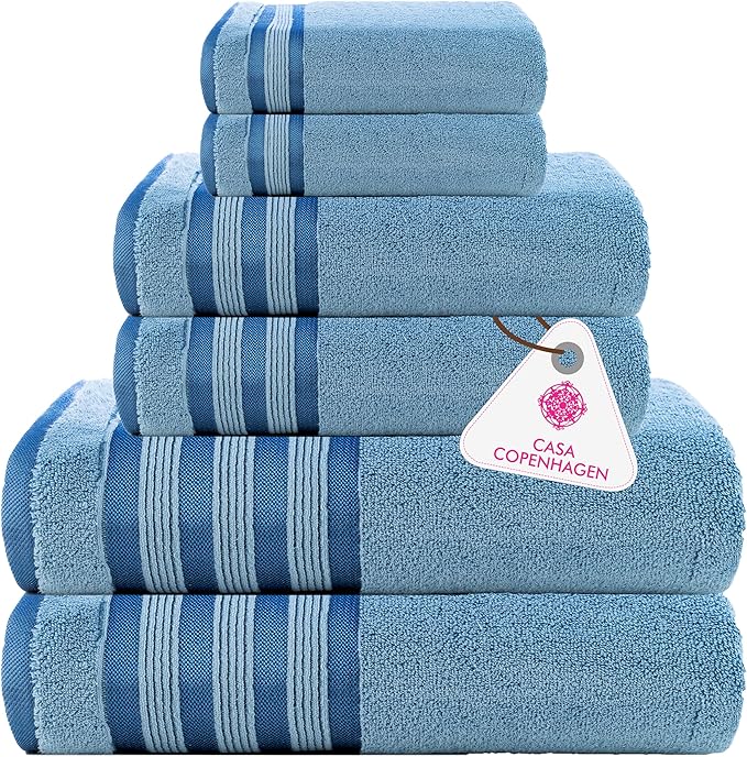 CASA COPENHAGEN Zero Twist, 6 Pieces Set 100% Cotton 0" Twist Towel Set- Dusty Blue, 600 GSM, 2 Bath, 2 Hand, 2 Washcloths Made from Egyptian Cotton, Ultra Soft Luxury Towels for Bathroom.