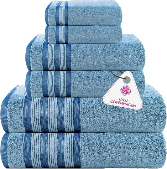 CASA COPENHAGEN Zero Twist, 6 Pieces Set 100% Cotton 0" Twist Towel Set- Dusty Blue, 600 GSM, 2 Bath, 2 Hand, 2 Washcloths Made from Egyptian Cotton, Ultra Soft Luxury Towels for Bathroom.