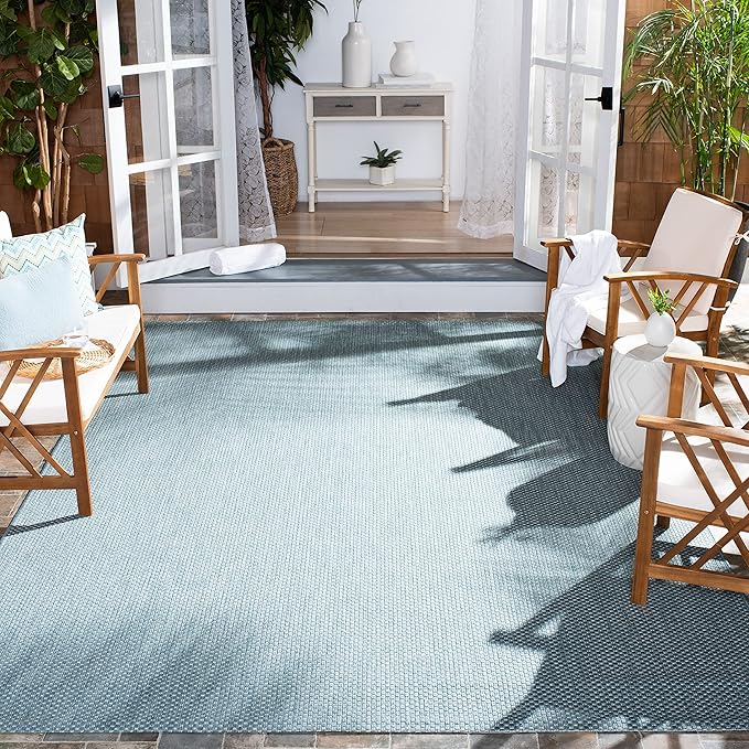 SAFAVIEH Washable Rug Outdoor Courtyard Collection - 6'7" Square, Aqua Blue & Grey, Non-Shedding & Easy Cleaning, Ideal for Patio, Backyard, Mudroom (CY8521-37121)