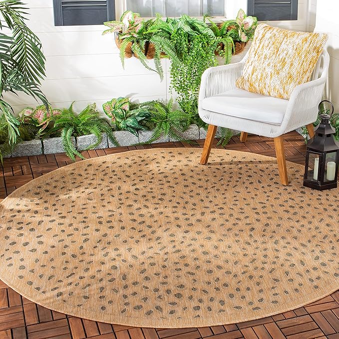 SAFAVIEH Washable Rug Outdoor Courtyard Collection - 6'7" Round, Natural & Gold, Non-Shedding & Easy Cleaning, Ideal for Patio, Backyard, Mudroom (CY6104-39)