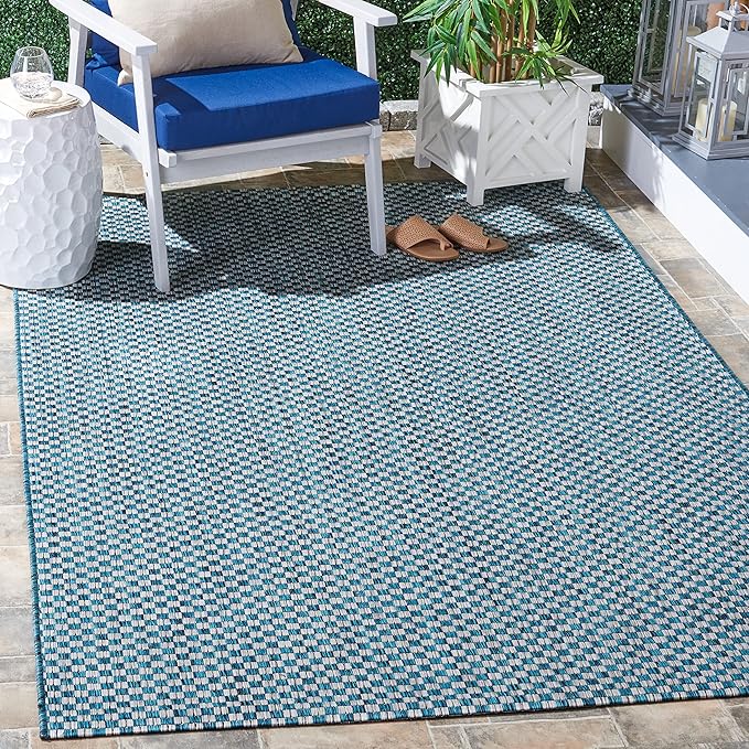 SAFAVIEH Washable Rug Outdoor Courtyard Collection - 4' x 5'7", Turquoise & Light Grey, Non-Shedding & Easy Cleaning, Ideal for Patio, Backyard, Mudroom (CY8653-37221)