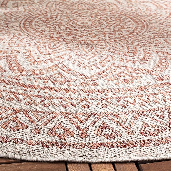 SAFAVIEH Washable Rug Outdoor Courtyard Collection - 6'7" Round, Light Beige & Terracotta, Non-Shedding & Easy Cleaning, Ideal for Patio, Backyard, Mudroom (CY8734-36512)