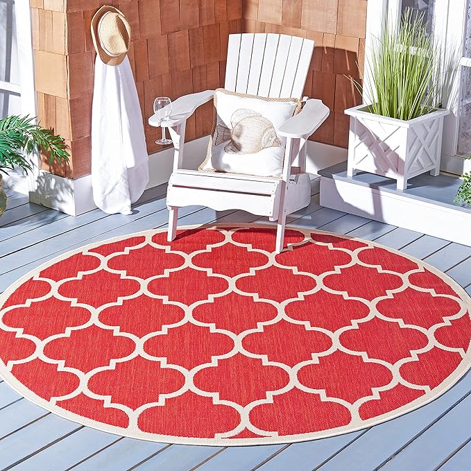 SAFAVIEH Washable Rug Outdoor Courtyard Collection - 7'10" Round, Red & Bone, Non-Shedding & Easy Cleaning, Ideal for Patio, Backyard, Mudroom (CY6914-248)
