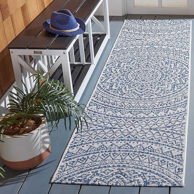 SAFAVIEH Courtyard Collection 2' 3" x 12' Ivory/Navy CY8734 Indoor/ Outdoor Easy Cleaning Patio Backyard Mudroom Runner Rug