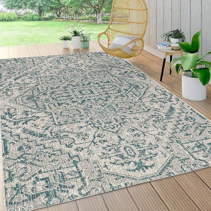 JONATHAN Y Boho Medallion Indoor Outdoor Area Rug 4X6 Teal/Gray, Estrella Textured Weave for Backyard, Patio, Porch, Easy-Cleaning, High Traffic, Pet-Friendly, Non-Shedding (SMB105C-4)