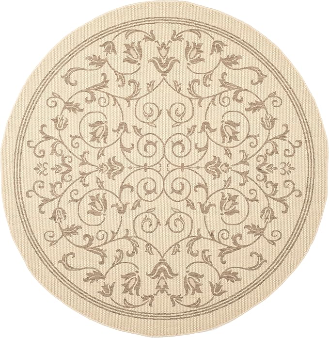 SAFAVIEH Washable Rug Outdoor Courtyard Collection - 6'7" Round, Natural & Brown, Non-Shedding & Easy Cleaning, Ideal for Patio, Backyard, Mudroom (CY2098-3001)