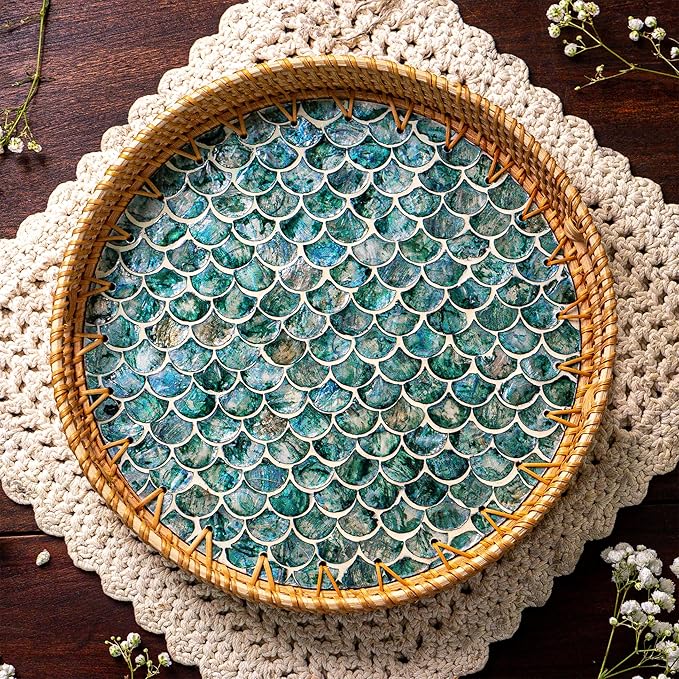 JUNGLE CULTURE Rattan Serving Tray 12" with Mother of Pearl Inlay • Coastal Boho Collection • Handcrafted Woven with Handles for Home • Round Dining Table Tray • Wicker Serving Basket – Cascade