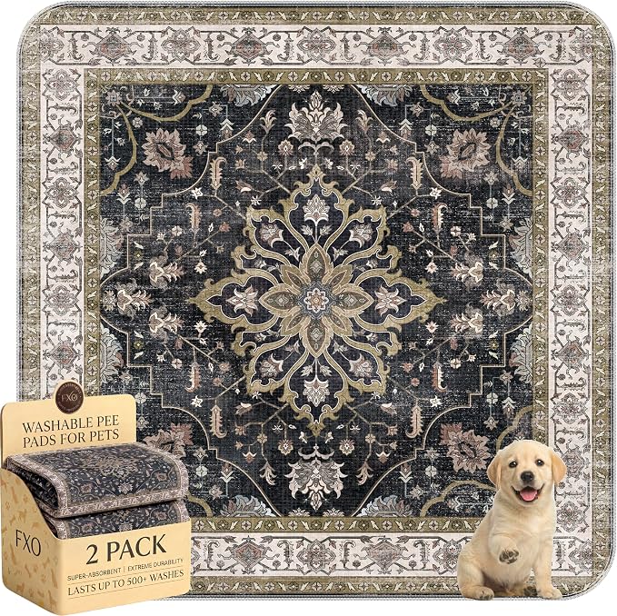 Washable Pee Pads for Dogs,Great Urine Absorbent Reusable Puppy Training Pads,Waterproof,Leak-Proof & Non-Slip Potty Pads for Whelping,Crate,Playpen,Bed.(Black Floral,48"x48")