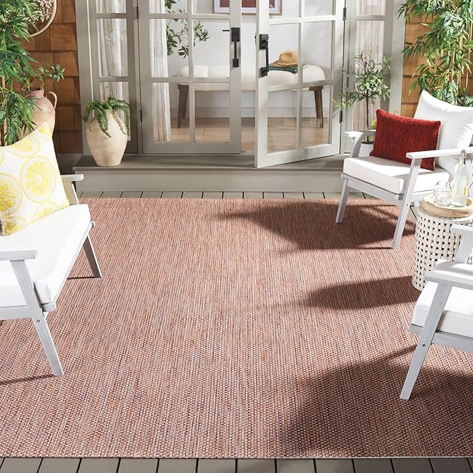 SAFAVIEH Washable Rug Outdoor Courtyard Collection - 6'7" Square, Red & Beige, Non-Shedding & Easy Cleaning, Ideal for Patio, Backyard, Mudroom (CY8521-36521)
