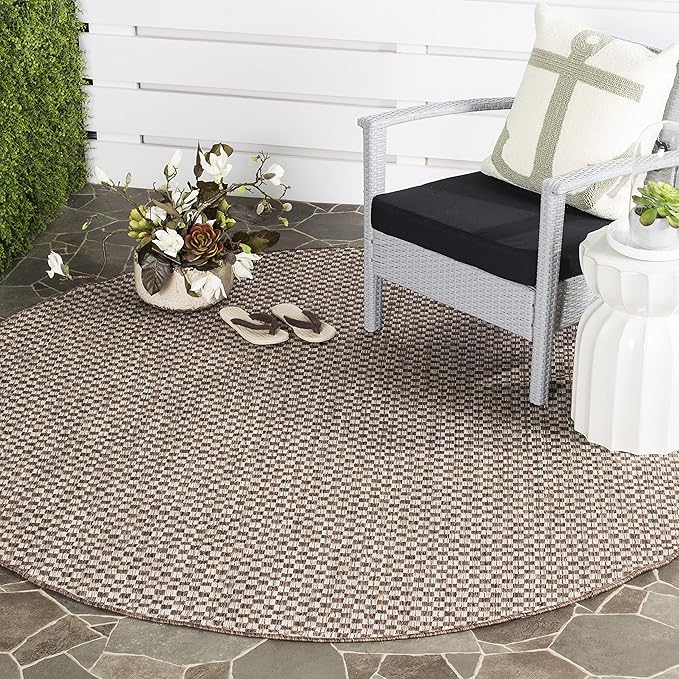 SAFAVIEH Washable Rug Outdoor Courtyard Collection - 6'7" Round, Light Brown & Light Grey, Non-Shedding & Easy Cleaning, Ideal for Patio, Backyard, Mudroom (CY8653-36321)