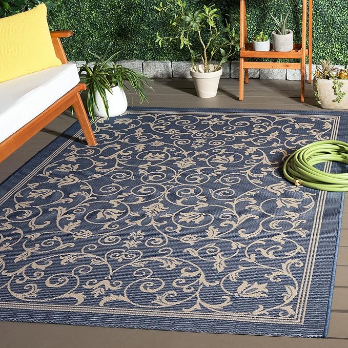SAFAVIEH Washable Rug Outdoor Courtyard Collection - 5'3" x 7'7", Blue & Natural, Non-Shedding & Easy Cleaning, Ideal for Patio, Backyard, Mudroom (CY2098-3103)