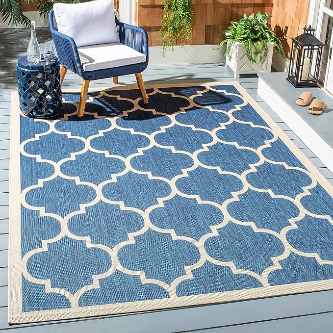 SAFAVIEH Washable Rug Outdoor Courtyard Collection - 2'7" x 5', Navy & Beige, Non-Shedding & Easy Cleaning, Ideal for Patio, Backyard, Mudroom (CY6914-268)