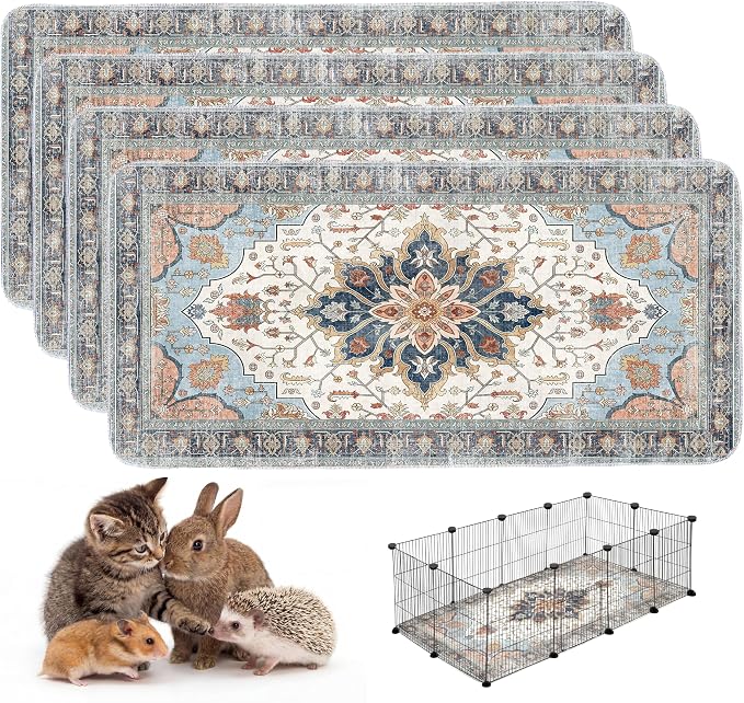 4PACK Washable Guinea Pig Pee Pads,Absorbent Reusable Guinea Pig Cage Liners,Waterproof,Leak-Proof & Non-Slip Potty Pads for Small Animals Rabbit Hamster Rat.(Blue Floral,24"x48")