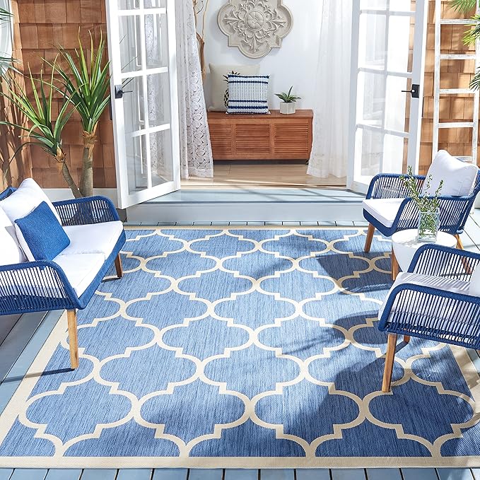 SAFAVIEH Washable Rug Outdoor Courtyard Collection - 7'10" Square, Blue & Beige, Non-Shedding & Easy Cleaning, Ideal for Patio, Backyard, Mudroom (CY6914-243)