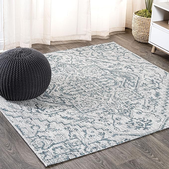 JONATHAN Y Boho Medallion Indoor Outdoor Square Area Rug 9X9 Teal/Gray, Estrella Textured Weave for Backyard, Patio, Porch, Easy-Cleaning, High Traffic, Pet-Friendly, Non-Shedding (SMB105C-9SQ)