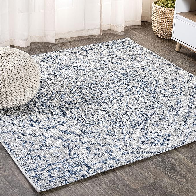 JONATHAN Y Boho Medallion Indoor Outdoor Square Area Rug 5X5 Navy/Gray, Estrella Textured Weave for Backyard, Patio, Porch, Easy-Cleaning, High Traffic, Pet-Friendly, Non-Shedding (SMB105B-5SQ)