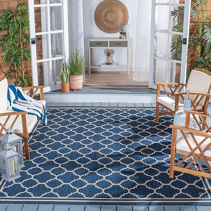 SAFAVIEH Washable Rug Outdoor Courtyard Collection - 7'10" Square, Navy & Beige, Non-Shedding & Easy Cleaning, Ideal for Patio, Backyard, Mudroom (CY6918-268)