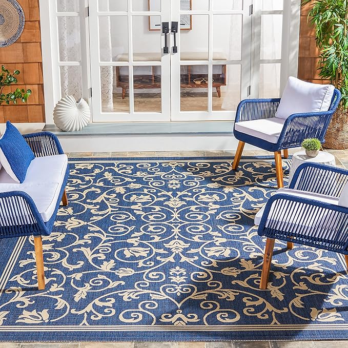 SAFAVIEH Washable Rug Outdoor Courtyard Collection - 6'7" Square, Navy & Beige, Non-Shedding & Easy Cleaning, Ideal for Patio, Backyard, Mudroom (CY2098-268)