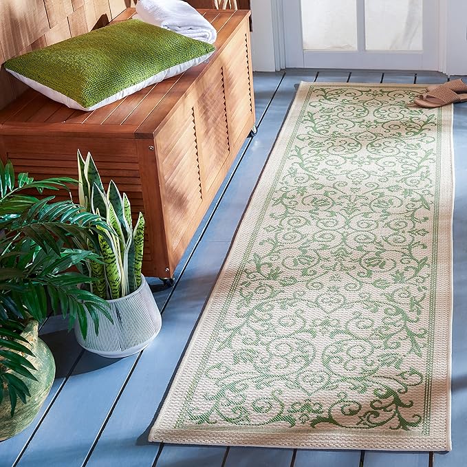 SAFAVIEH Washable Rug Outdoor Courtyard Collection - 2'3" x 10' Runner, Natural & Olive, Non-Shedding & Easy Cleaning, Ideal for Patio, Entryway, Mudroom, Hallway, Kitchen (CY2098-1E01)