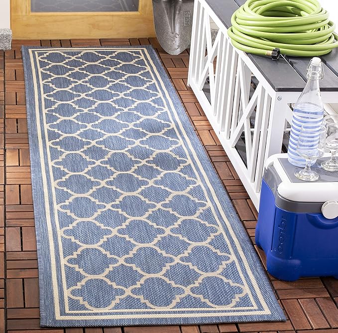 SAFAVIEH Washable Rug Outdoor Courtyard Collection - 2'3" x 20' Runner, Blue & Beige, Non-Shedding & Easy Cleaning, Ideal for Patio, Entryway, Mudroom, Hallway, Kitchen (CY6918-243)