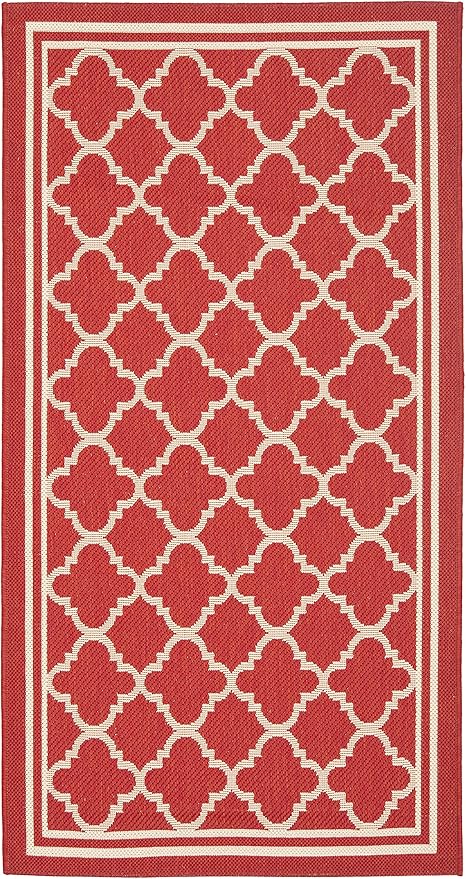 SAFAVIEH Washable Rug Outdoor Courtyard Collection - 2'7" x 5', Red & Bone, Non-Shedding & Easy Cleaning, Ideal for Patio, Backyard, Mudroom (CY6918-248)